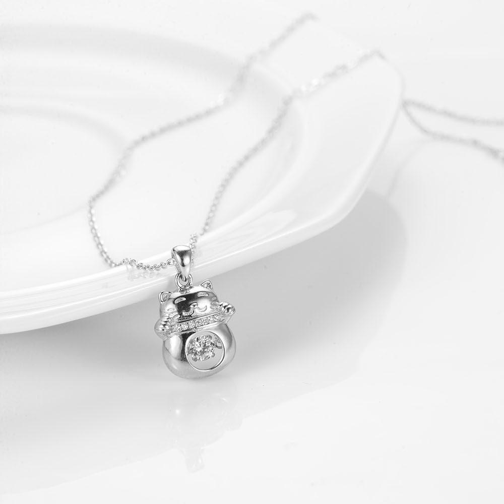 宝艺龙珠宝S925纯银招财猫吊坠简约时尚灵动项链女礼物情人节饰品