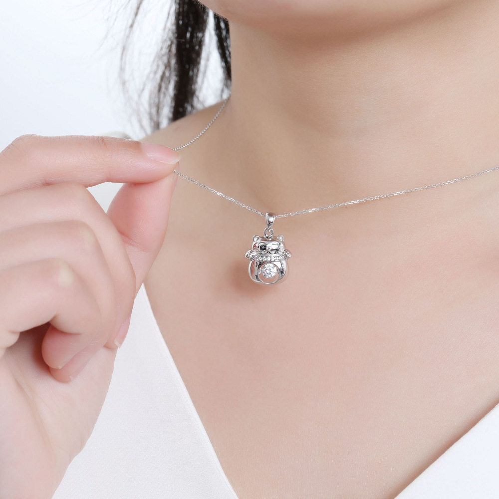 S925饰品宝艺招财情人节简约龙珠宝灵动项链女时尚礼物猫吊坠纯银