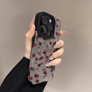iphone16磨砂小清新15plus时尚 满屏玫瑰翻毛皮适用苹果16promax手机壳新款 女高级感14全包13pm轻奢12防摔软套