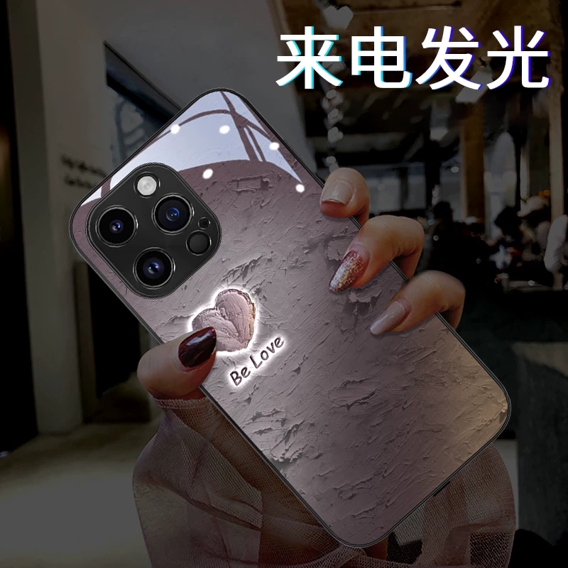 适用于苹果16promax手机壳新款来电发光油画爱心iPhone15Pro高级感镜头全包14PROMAX潮牌玻璃13创意情侣男女