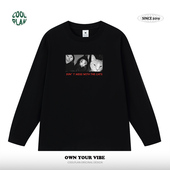 暗黑猫咪图案卡通oversize嘻哈纯棉圆领长袖 猫 凝视美式 T恤男女