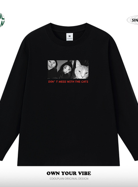 猫的凝视美式暗黑猫咪图案卡通oversize嘻哈纯棉圆领长袖T恤男女