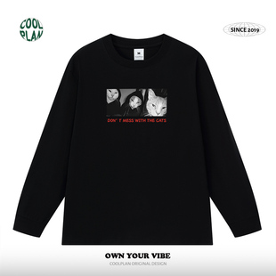 T恤男女 暗黑猫咪图案卡通oversize嘻哈纯棉圆领长袖 猫 凝视美式