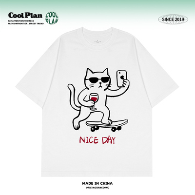 CoolPlan原创 自拍滑板猫 美式t恤重磅情侣宽松短袖潮牌小众男女