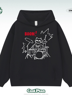 摇滚打鼓猫架子鼓趣味手绘印花连帽卫衣重磅潮牌情侣帽衫套头上衣