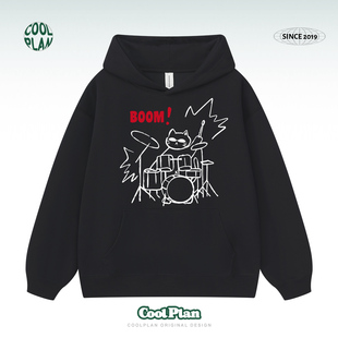 摇滚打鼓猫架子鼓趣味手绘印花连帽卫衣重磅潮牌情侣帽衫 套头上衣