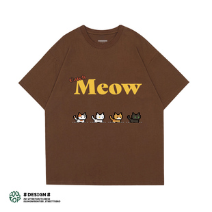 像素猫夏季 T恤圆领趣味流行宽松印花休闲男女 黑白黑猫大集合短袖
