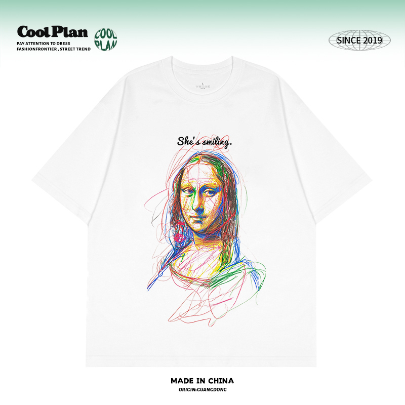 CoolPlan小众蒙娜丽莎微笑文艺复古小众设计印花T恤男女圆领短袖