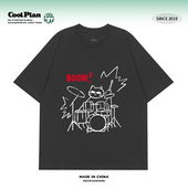 CoolPlan创意手绘摇滚架子鼓打鼓猫美式 T恤男女宽松短袖 潮牌小众