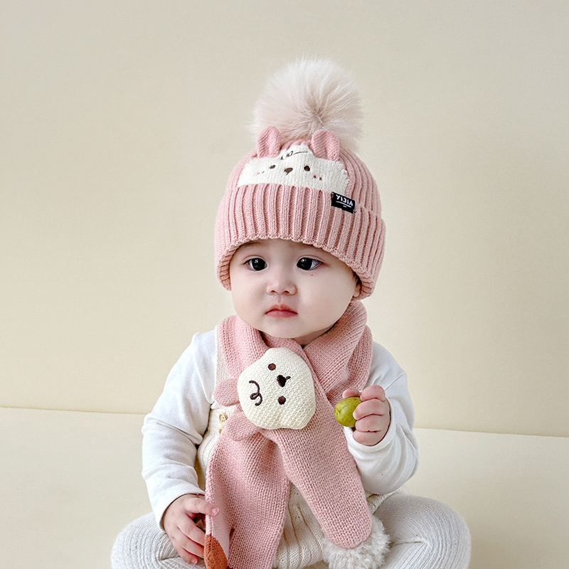 儿童帽子围巾两件套秋冬款婴儿针织毛线帽可爱冬季保暖护耳帽超萌