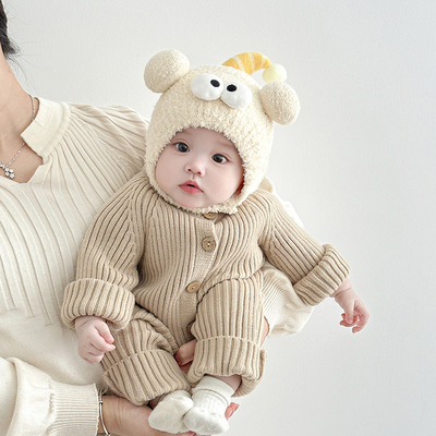 婴儿帽子秋冬季超萌搞怪小月龄针织帽冬季新生儿护耳帽宝宝毛线帽