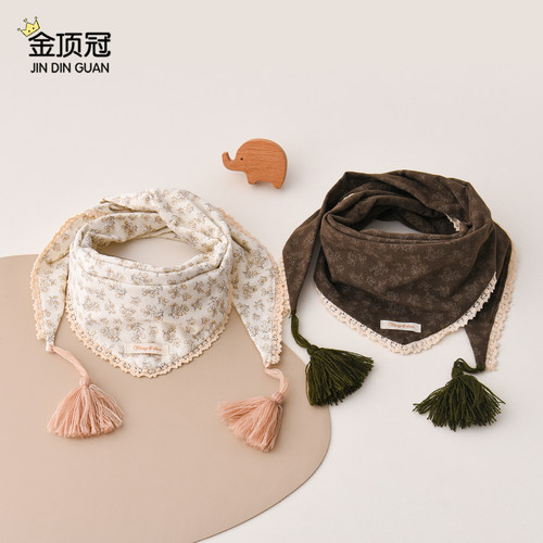 儿童三角巾碎花蕾丝边流苏装饰宝宝防风保暖围脖护颈围巾