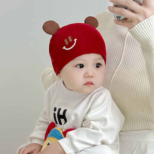 婴儿红色帽子秋冬款新生儿a类纯棉胎帽初生喜庆满月帽宝宝护囟门