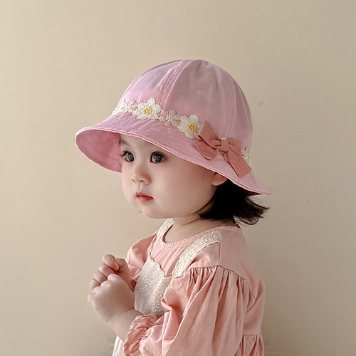 女宝宝渔夫帽子春秋薄款女童蕾丝边遮阳防晒太阳帽婴幼儿童盆帽潮