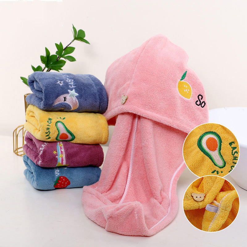 新款便携简约干发包头巾珊瑚绒可爱diy刺绣图案强力吸水干发帽女