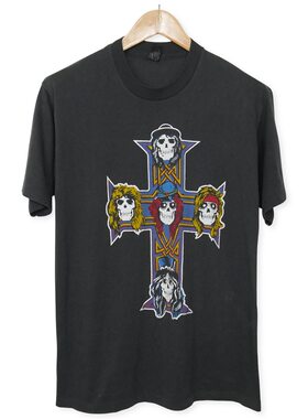 美式古着vintage Guns N Roses枪与玫瑰毁灭欲十字架黑色高街短袖