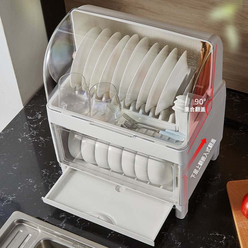 家用分层厨e房双层碗柜碗筷收纳盒塑料带盖装碟盘沥水碗架置物架