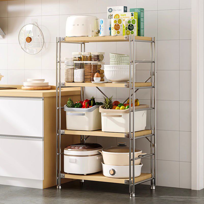 日式钢木置物架多层落地客厅阳台家用储物架书架厨房微Z波炉收纳