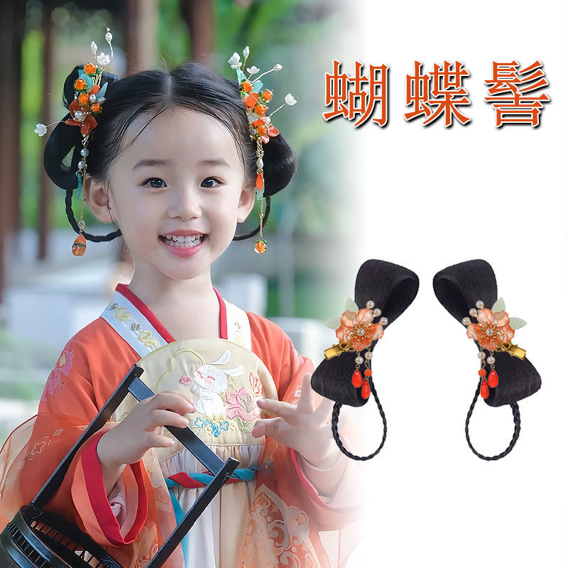 儿童汉服假发包古风造型蝴蝶结发髻汉服头饰古装女童舞台演出发饰