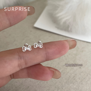 Surprise 999纯银蝴蝶结耳钉女养耳洞睡觉免摘螺丝拧扣耳骨耳蜗钉