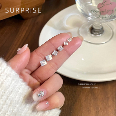 Surprise 999纯银闪钻方块耳钉女养耳洞睡觉免摘高级感耳骨耳蜗钉