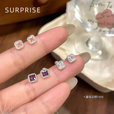 Surprise 999纯银彩钻方糖耳钉女养耳洞睡觉不用摘螺丝拧扣耳骨钉