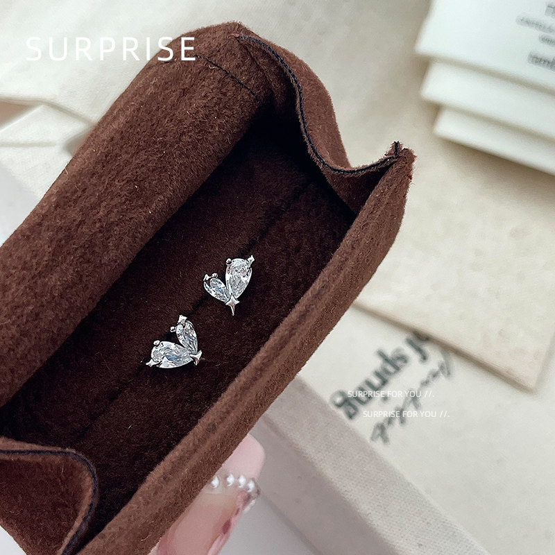Surprise 999纯银闪钻爱心耳钉女养耳洞睡觉免摘高级感耳骨耳蜗钉