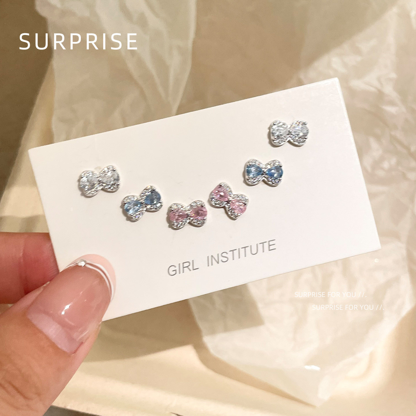 Surprise 999纯银彩钻蝴蝶结耳钉女养耳洞睡觉免摘小众设计耳骨钉