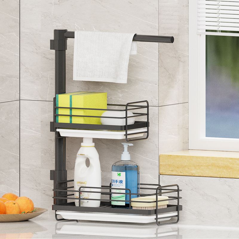 旋转抹布架多层置物架厨房钢丝球洗洁精水槽免打孔壁挂海绵沥水架