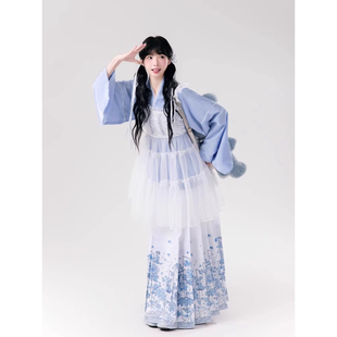 【猫戏青瓷】白色马面裙蓝色汉洋折衷妆花琵琶袖洛丽塔汉服夏秋