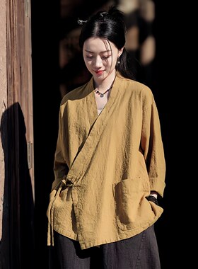 汉服女成人2026春秋款国风上衣复古禅意斜襟系带衬衫棉麻文艺茶服