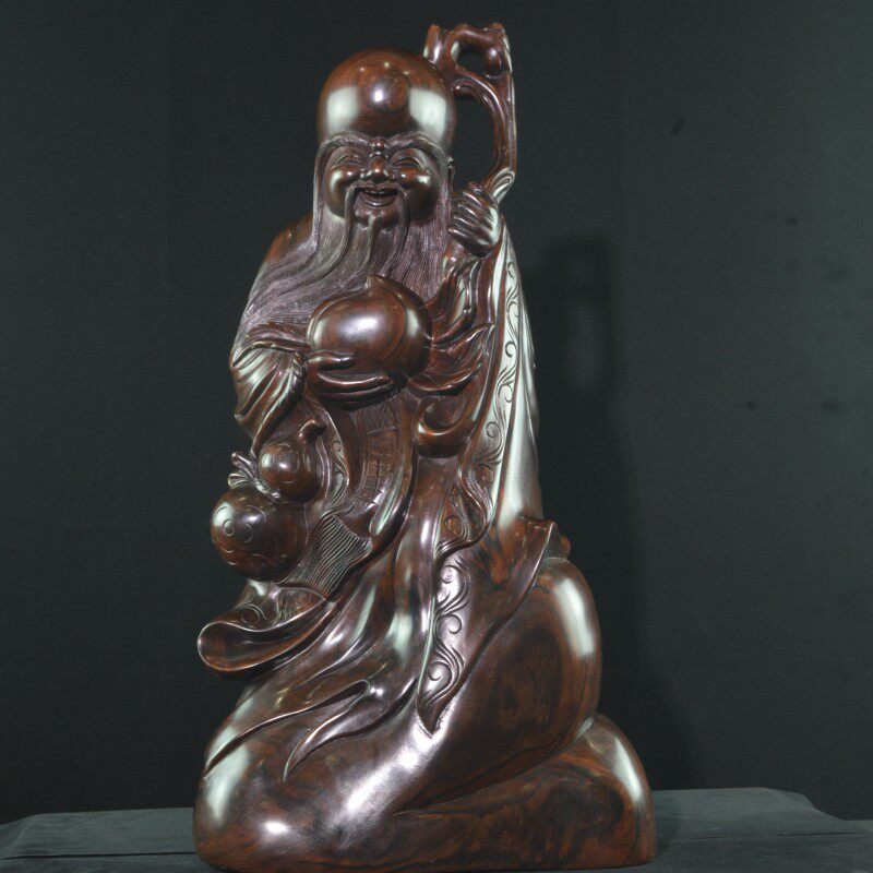 老挝大红酸e枝寿星木雕中式复古玄关摆件老木红木纯手工雕刻工艺