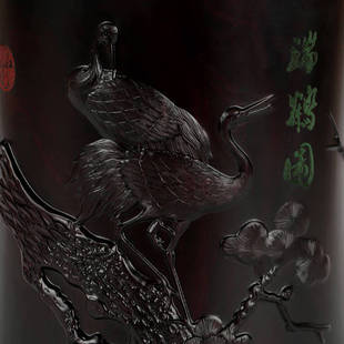 瑞鹤图紫檀木笔筒摆件o大号 商务礼品红木雕刻手工艺品 实木质笔