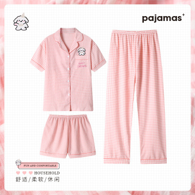 粉色线条小狗云朵棉春夏季睡衣女新款短袖三件套装家居服实拍