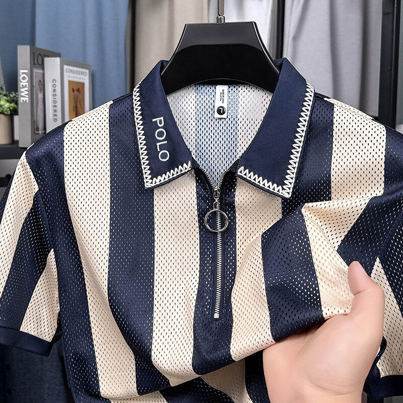 夏季新款欧洲站顶奢时尚网眼POLO衫男短袖潮流半拉链条纹半袖上衣