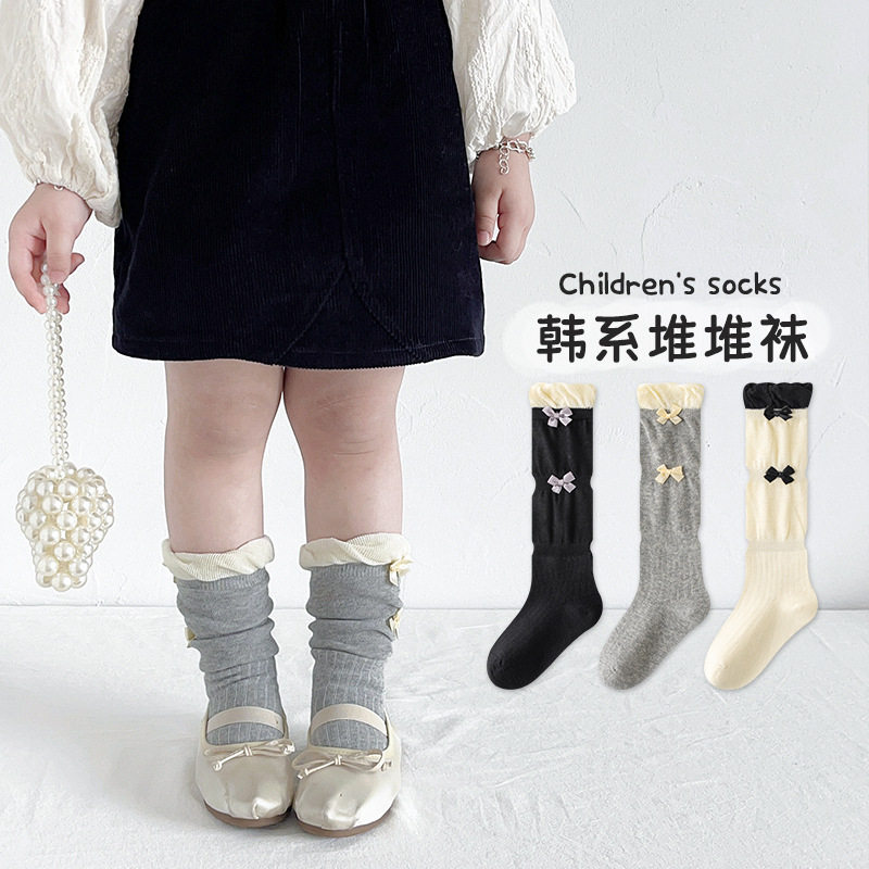 女童英伦风袜子儿童冬季新款韩版花边蝴蝶结堆堆袜精梳棉小腿袜潮