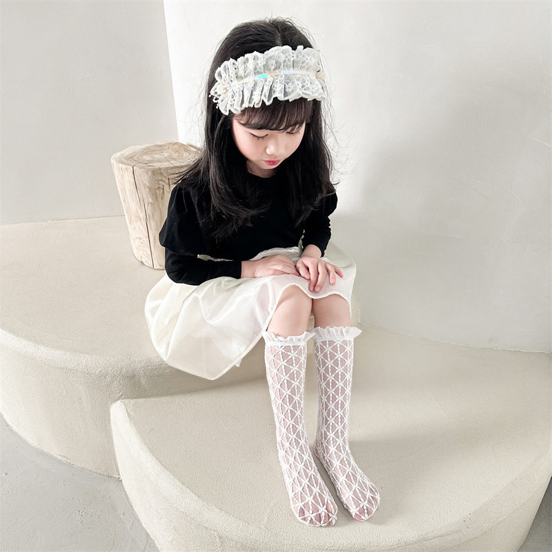 新品春夏袜子日系纯色翘边撞色女童中筒袜甜美百搭花边无骨堆堆袜