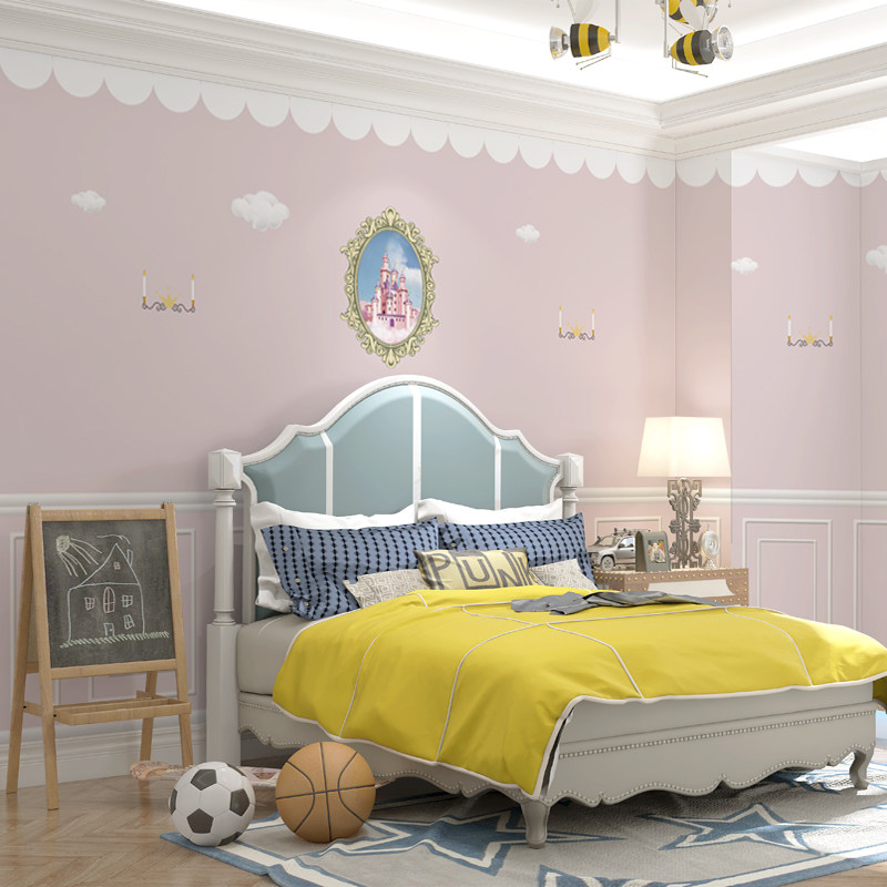 北欧简约暖色儿童房墙纸女孩房粉色卧室床头背景墙布环保定制壁纸