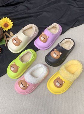 可爱卡通棉拖鞋冬季男女童保暖外穿防水棉鞋立体熊时尚室内亲子鞋