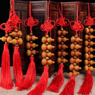 真正的桃木葫芦挂件木质葫芦串五帝钱汽车挂饰门对门中国结铜钱