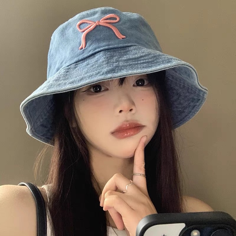 蝴蝶结牛仔渔夫帽女韩版复古甜美刺绣水桶盆帽春秋百搭防晒遮阳帽