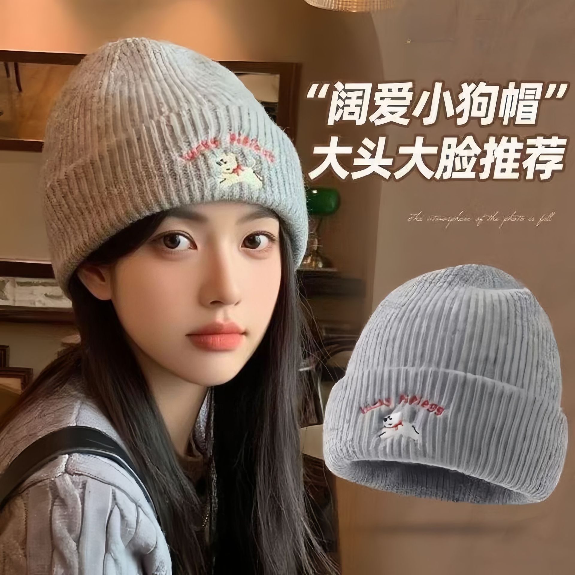 可爱小狗刺绣针织帽女秋冬韩系保暖加厚护耳毛线帽子百搭套头冷帽