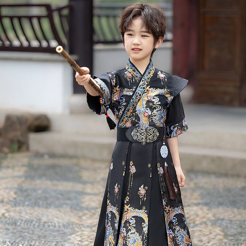 花语录薄款夏季男童黑色汉服古装