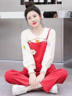 两件套装牛仔背带裤女春秋冬学生小清新花朵搭配毛衣减龄洋气裤子