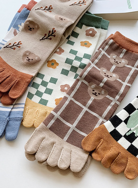 中筒3双五指袜女分趾吸汗保暖卡通学生可爱分趾脚趾袜 棉袜秋冬