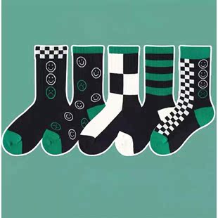綠色襪子女ins潮情侶黑白棋盤格子襪拼色復古笑臉中筒運動襪子男