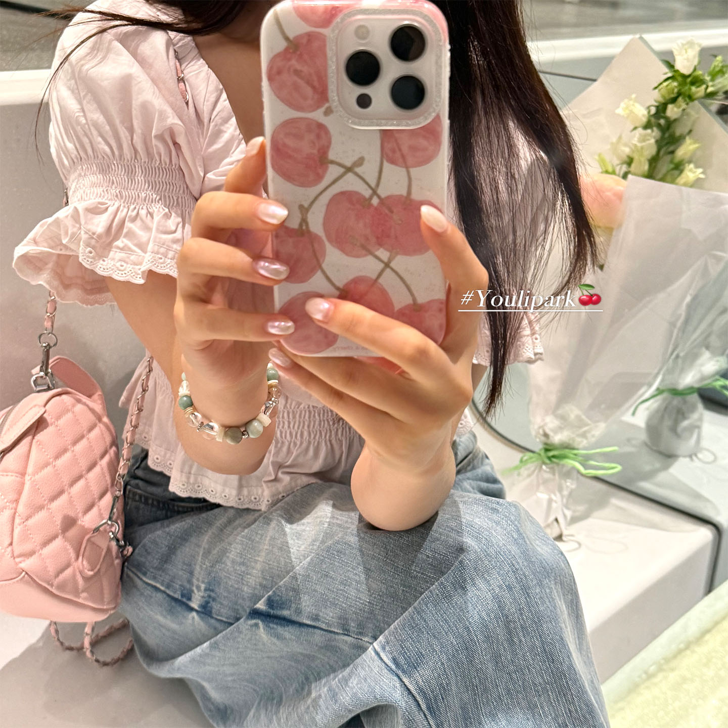 甜美少女闪粉油画樱桃苹果手机壳