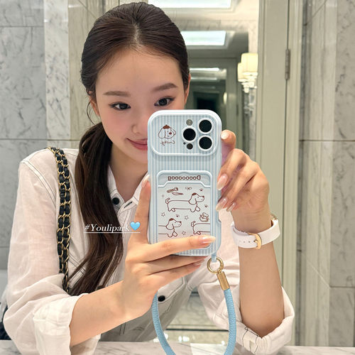 条纹可爱腊肠狗卡包苹果手机壳女
