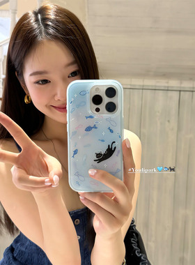 由里公园ins夏日清新蓝色晕染黑猫小鱼15适用17pro苹果17ProMax手机壳iPhone16全包17新款14Promax保护套13女