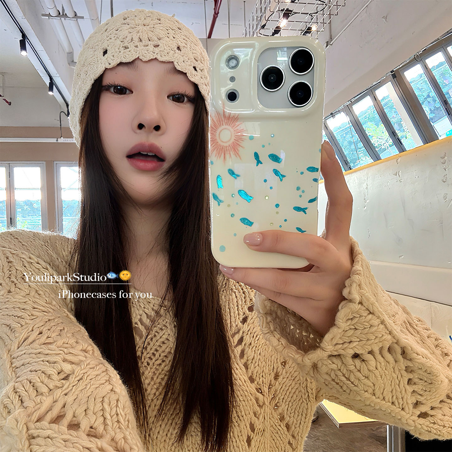 奶黄色小鱼太阳插画苹果手机壳女